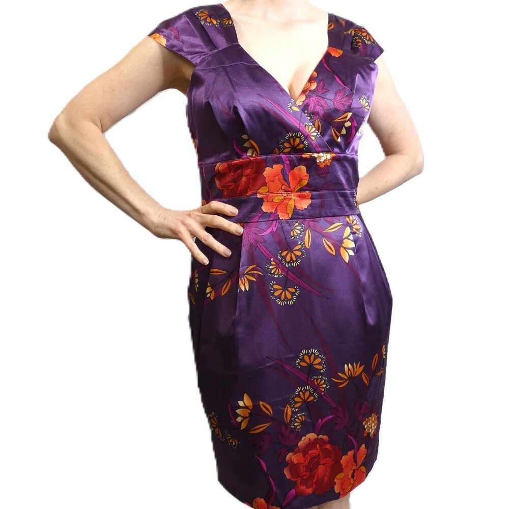 Purple Satin Dress Sz 10 British Vintage Floral Dinner Date Dance Party Wear NWT